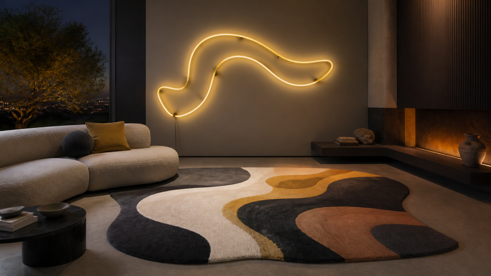 Un néon et un tapis personnalisés conçus comme un même univers